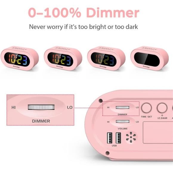 Pink Girls Alarm Clock, Dimmable Colorful LED Digital Display, USB Phone Charger - Picture 5 of 7